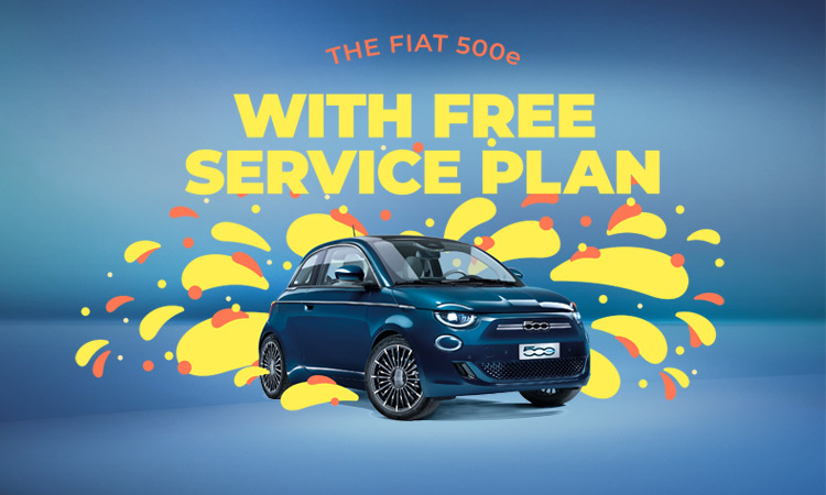 A blue Fiat 500e car with bright orange and yellow graphics